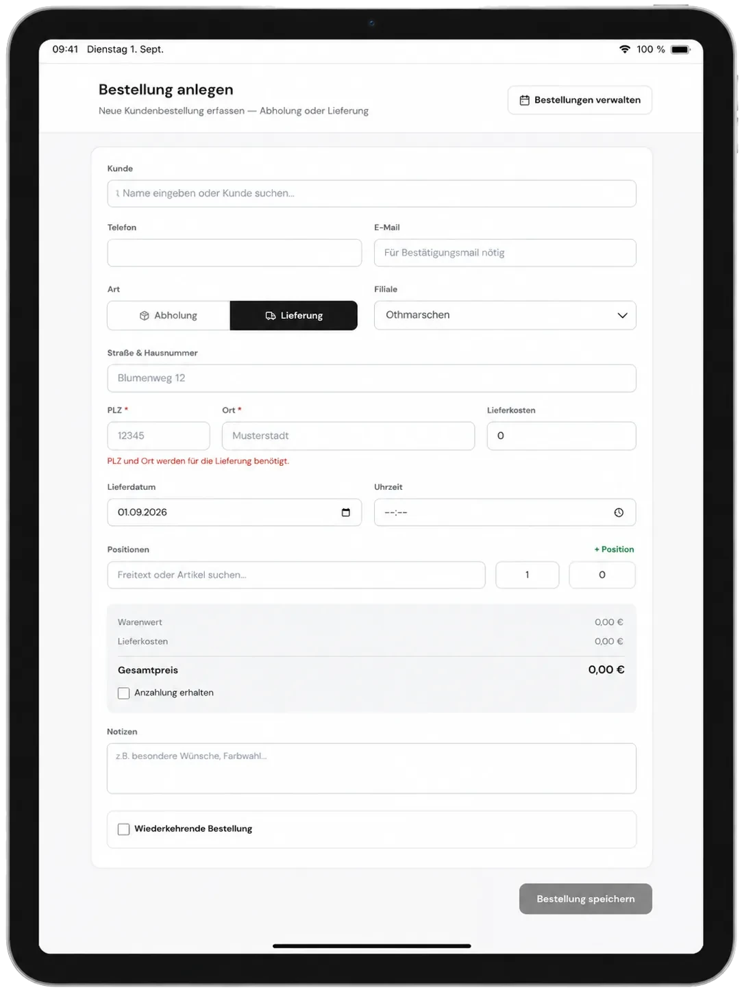 FlowerTag Kundenbestellungen: echter Screenshot der Software am iPad